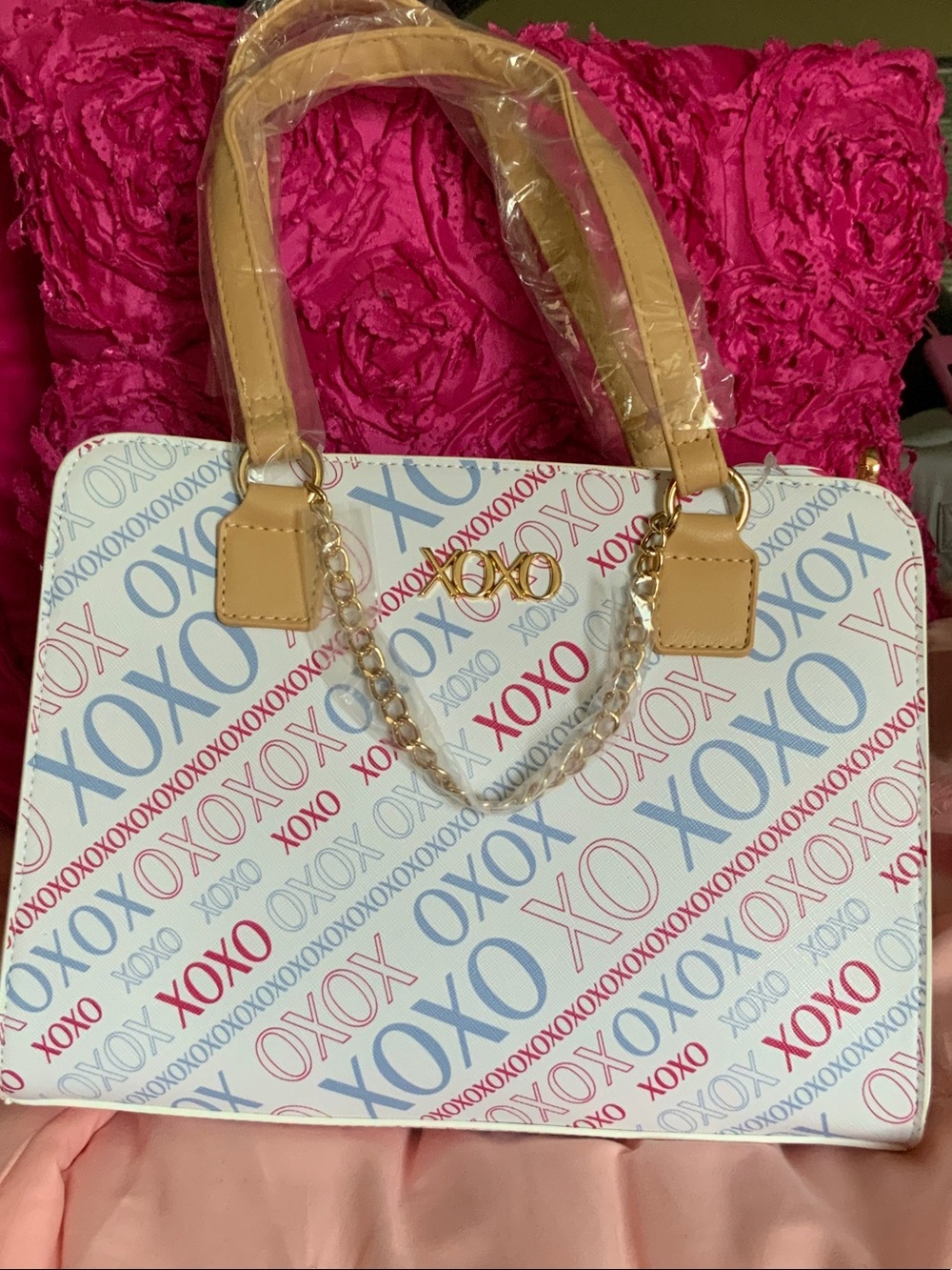 XOXO White Satchel with Red and Blue Logo and Tan Handles